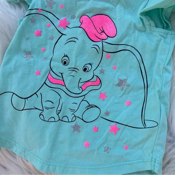 Disney Jumping Beans Bright Green and Pink Dumbo Ruffle Sleeve Top - Picture 2 of 4